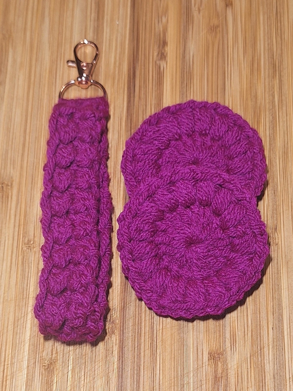 Handmade Purple Crochet Keychain Wristlet & Car Coasters Set NWOT